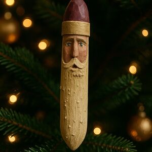 Hand Carved Folk Art Santa Ornament – Signed BAKER‎ 1993 – Rustic Wood Christmas